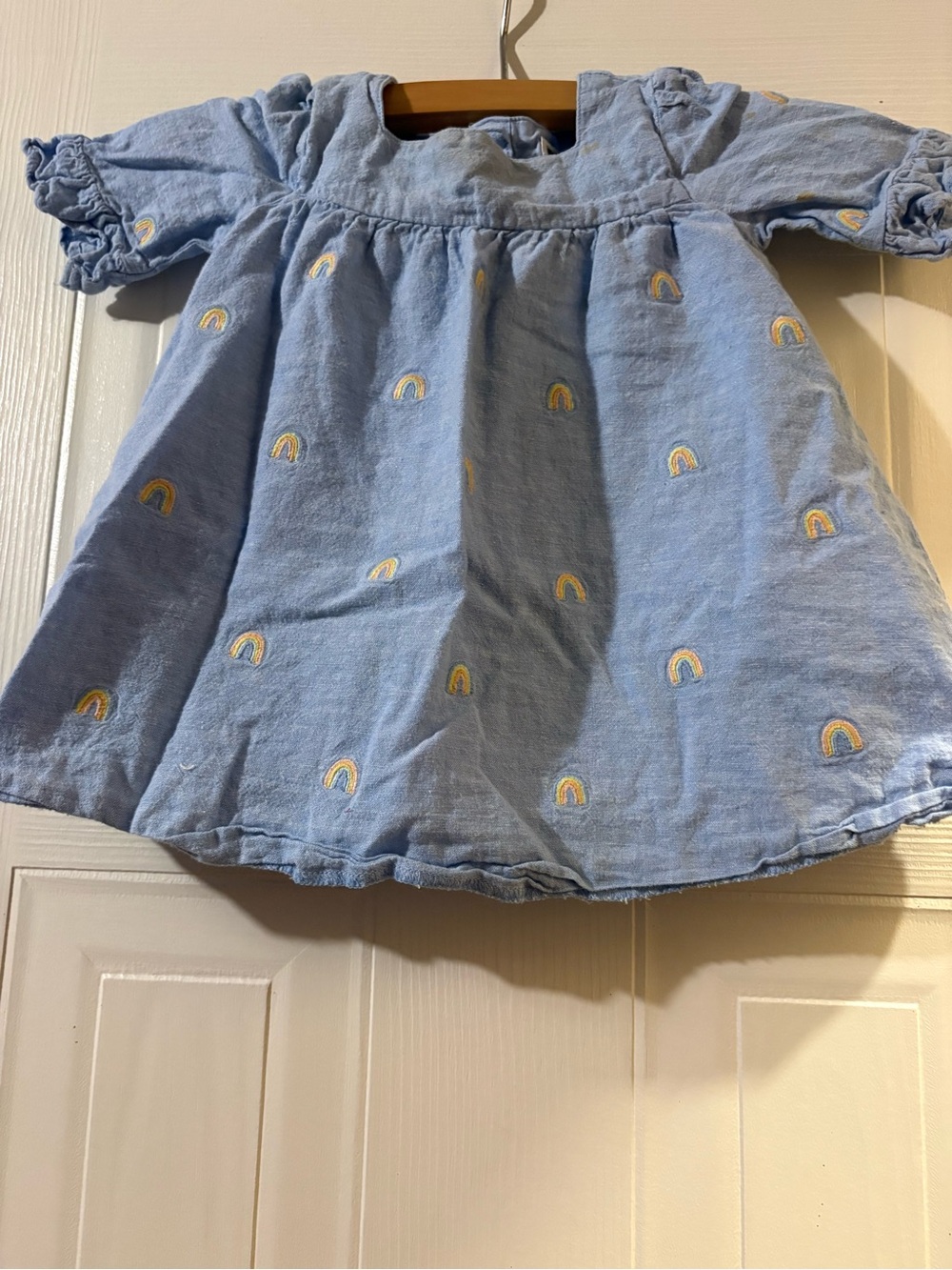 Janie and Jack Light Blue Dress with Yellow Embroidered Rainbows